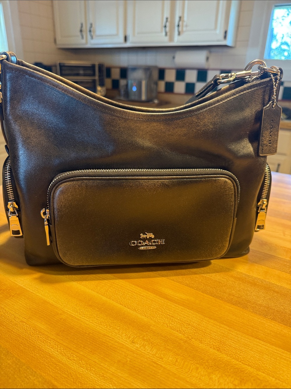 Coach  loved Leather Shoulder Bag with Front Zip Pocket and Silver Hardware
